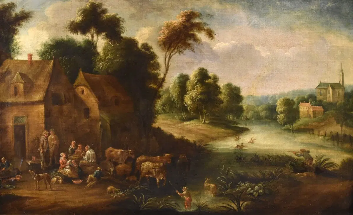 Paesaggio fluviale con villaggio, Théobald Michou (Tournai, 1676 – Anversa, 1765)