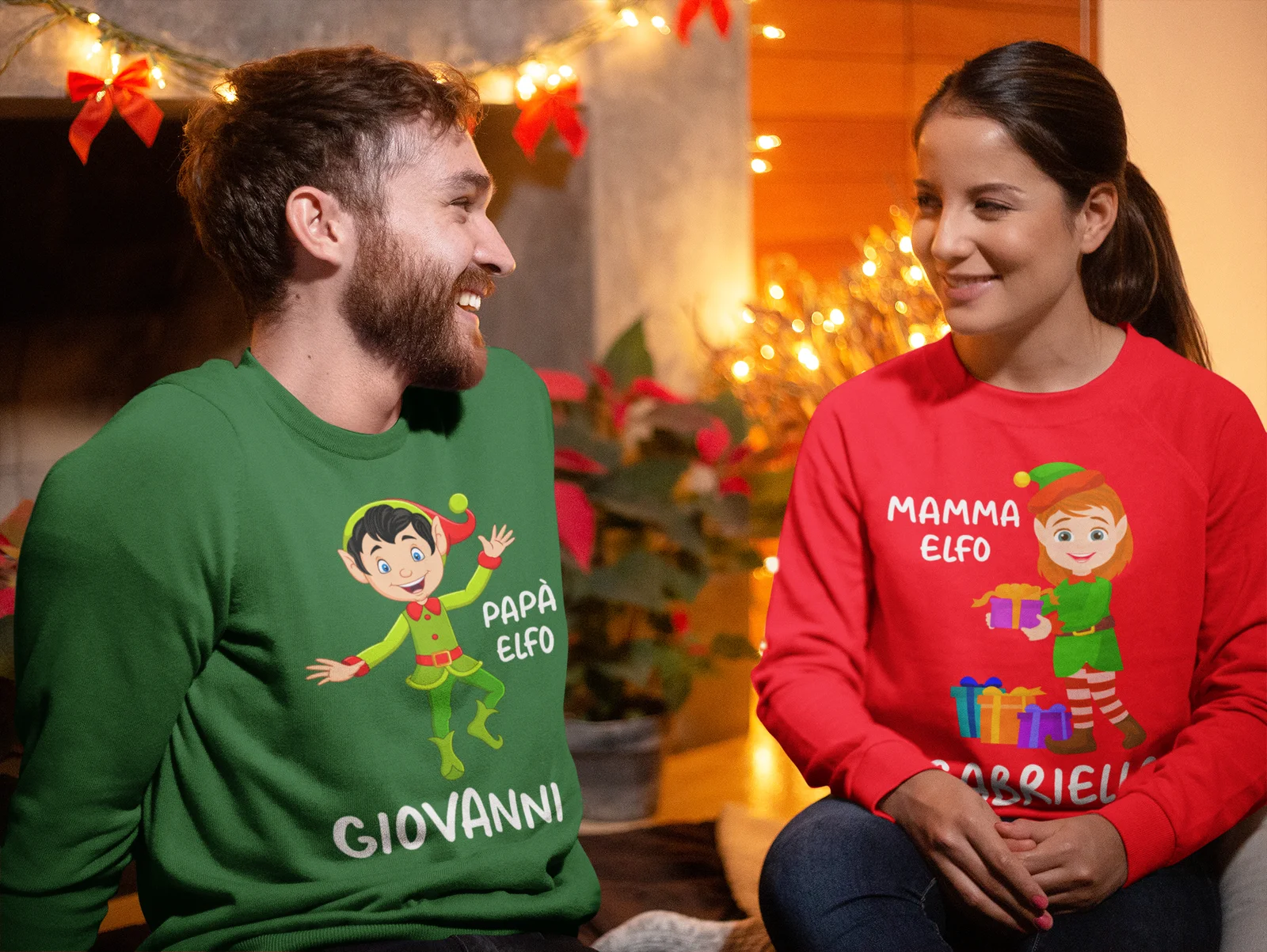 Coppia Felpe Natale Girocollo Natalizie PERSONALIZZABILI con nome Papà e Mamma Elfo personalizzata idea regalo Unisex - immagine 3