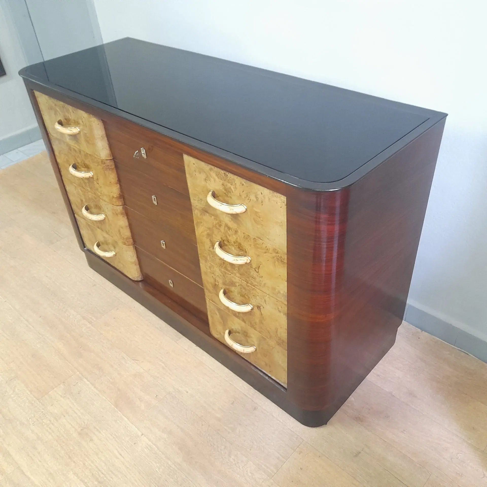 Bellissimo comò art deco razionalista in radica chiara e palissandro anni 1940 - immagine 5