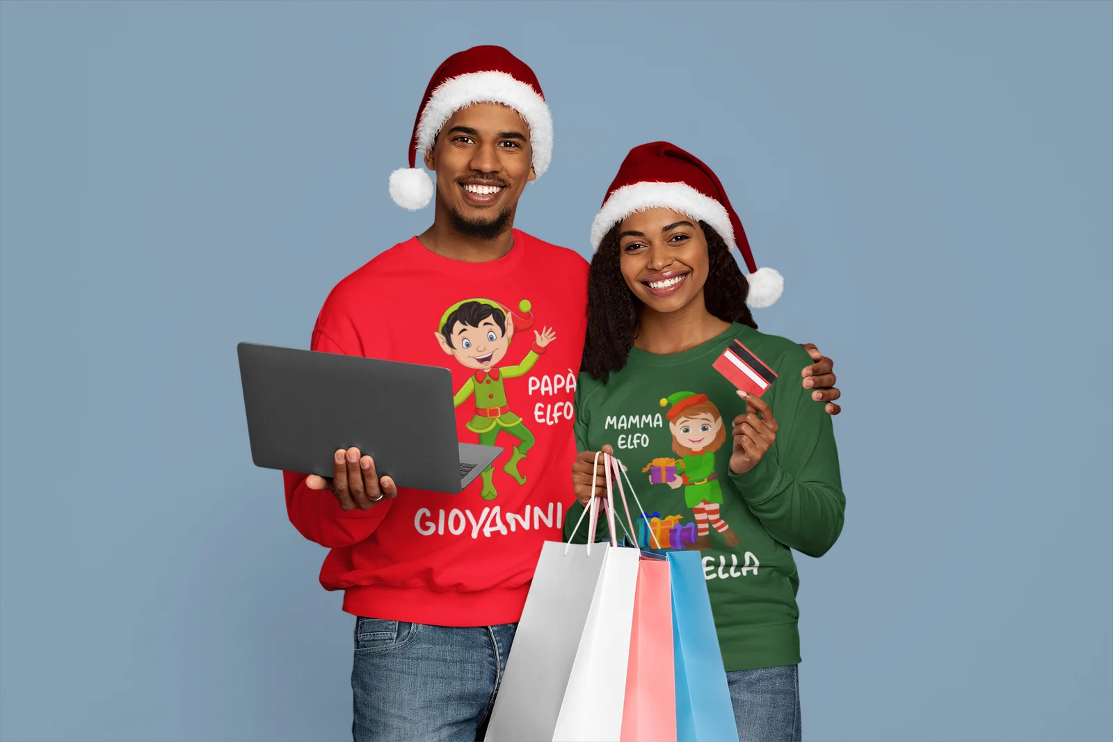 Coppia Felpe Natale Girocollo Natalizie PERSONALIZZABILI con nome Papà e Mamma Elfo personalizzata idea regalo Unisex - immagine 5