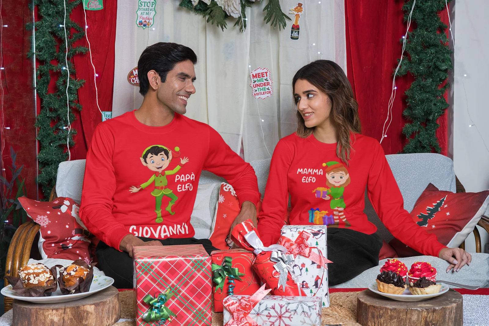 Coppia Felpe Natale Girocollo Natalizie PERSONALIZZABILI con nome Papà e Mamma Elfo personalizzata idea regalo Unisex - immagine 6