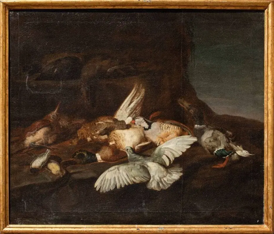 Dipinto attribuito a Jacobus o Iacomo Victor (1640 ca. – 1705) raffigurante una Natura morta con uccelli