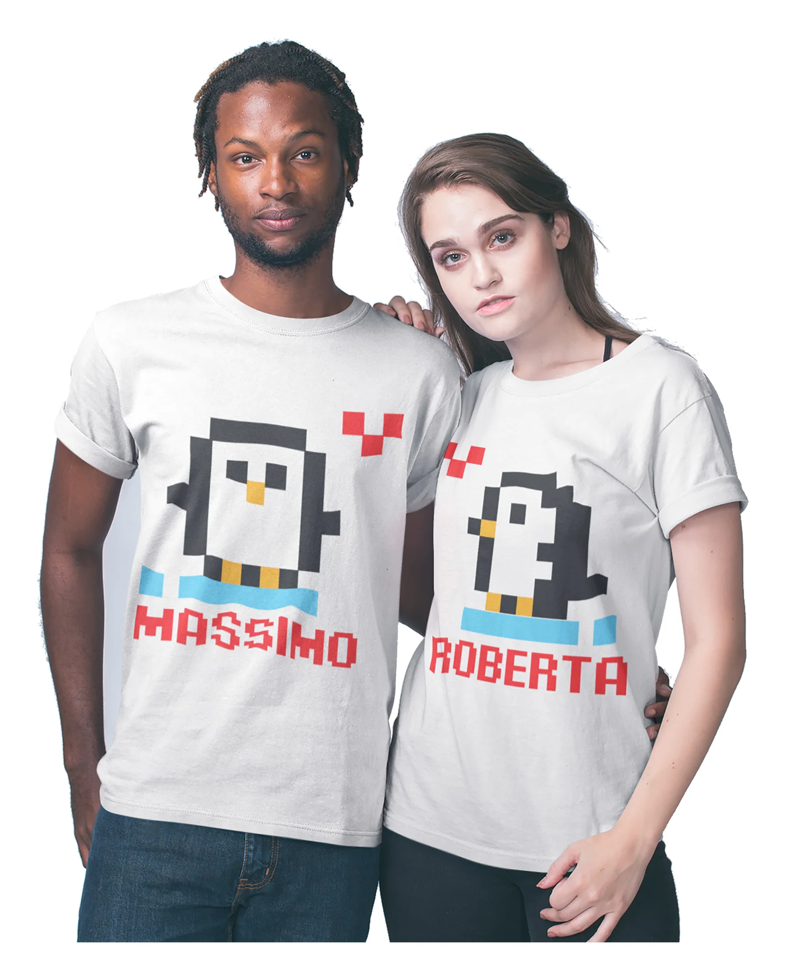 Coppia T-Shirt Magliette SanValentino PERSONALIZZABILI con nome Pinguini Arcade Vintage Gamer Love idea regalo