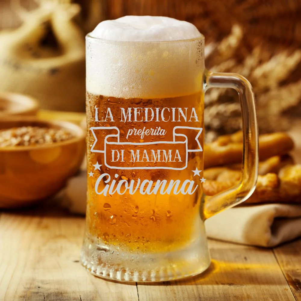 Boccale da Birra Mamma con Incisione Personalizzabile Festa della Mamma La medicina preferita di mamma – Bicchiere in vetro 50 cl - immagine 3