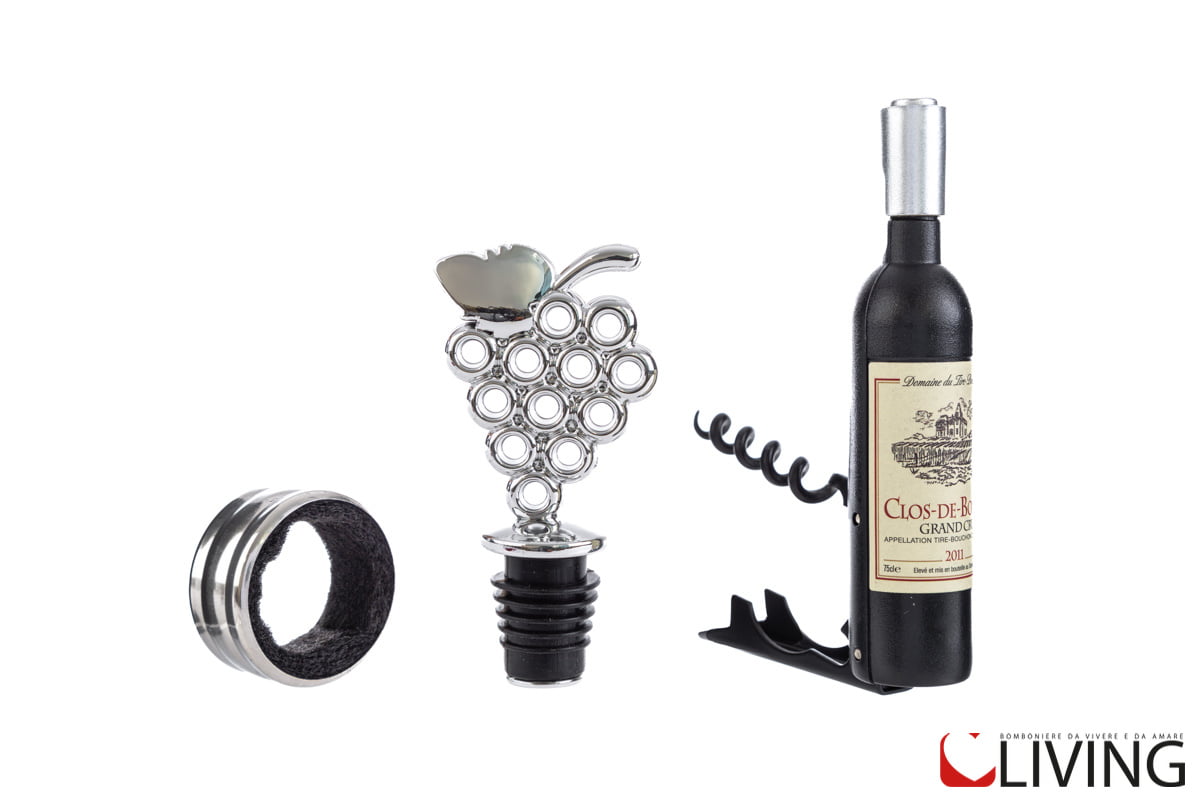 Bomboniera set vino tappo cavatappi e salva goccia - immagine 2