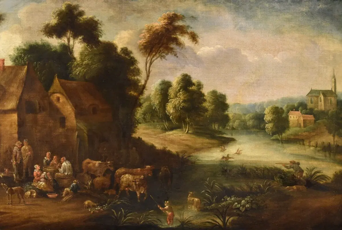 Paesaggio fluviale con villaggio, Théobald Michou (Tournai, 1676 – Anversa, 1765) - immagine 3