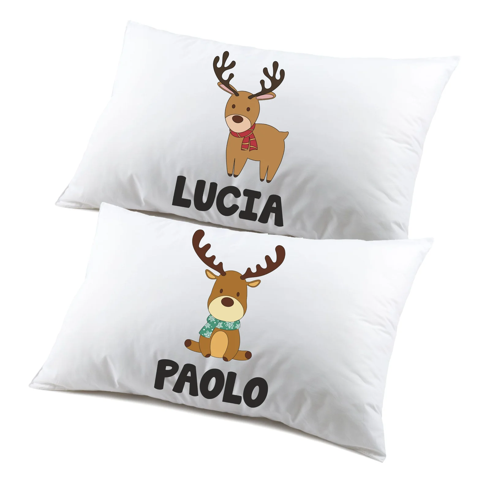 Coppia di federe PERSONALIZZABILI matrimoniali natalizie divertenti Renne baby Buon Natale Personalizza con nome