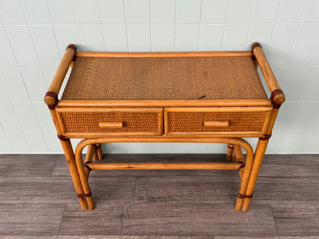Consolle In Bambù Scrittoio Anni 80 Con Due Cassetti Tavolino Vintage - immagine 4