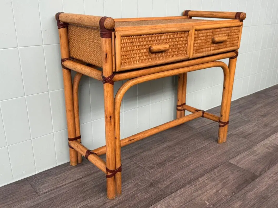 Consolle In Bambù Scrittoio Anni 80 Con Due Cassetti Tavolino Vintage - immagine 2
