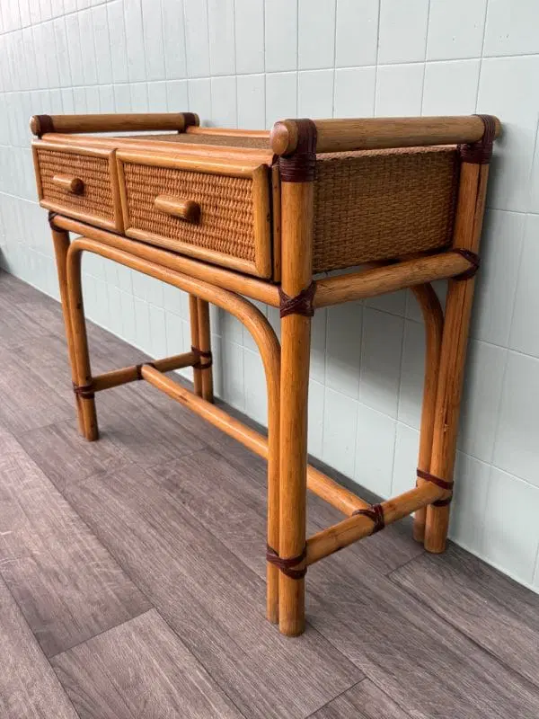 Consolle In Bambù Scrittoio Anni 80 Con Due Cassetti Tavolino Vintage - immagine 3