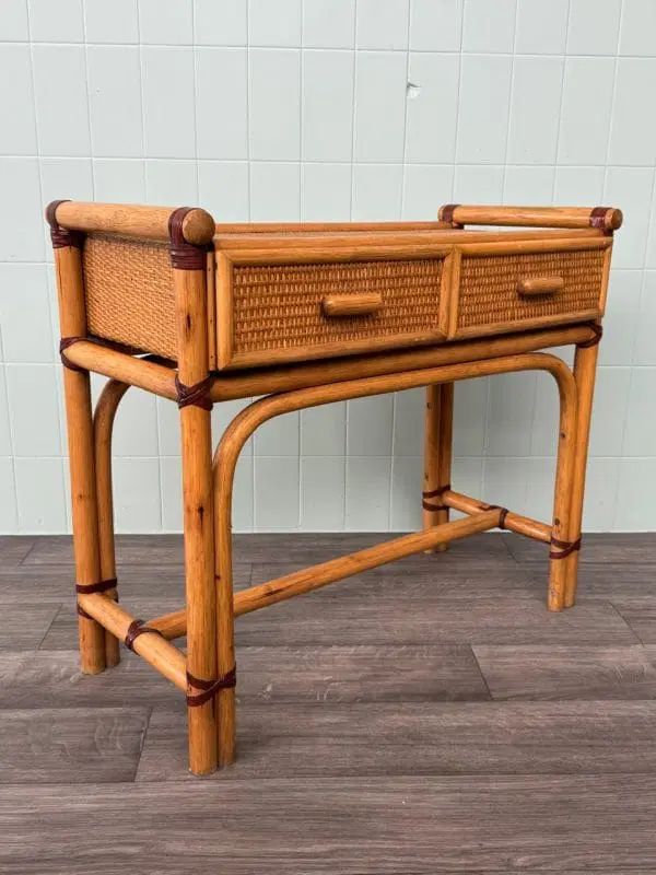 Consolle In Bambù Scrittoio Anni 80 Con Due Cassetti Tavolino Vintage - immagine 6