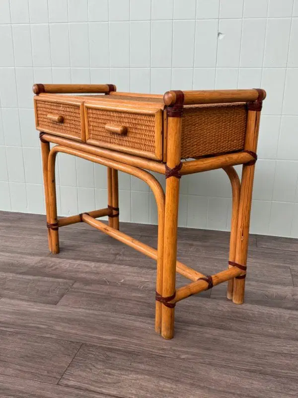 Consolle In Bambù Scrittoio Anni 80 Con Due Cassetti Tavolino Vintage - immagine 9