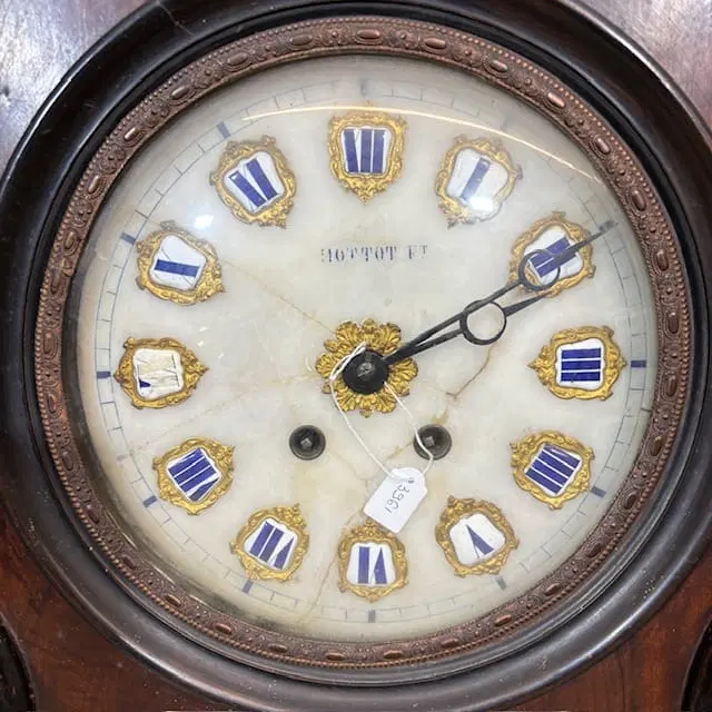Antico Orologio da parete “Occhio di bue “noce e palissandro , 1850 HOTTOT quadrante in marmo e numeri dipinti . - immagine 3