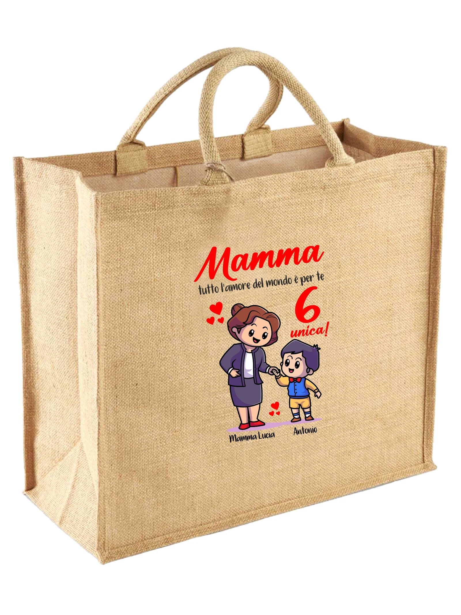 Borsa per la Spesa Juta Shopper Mamma PERSONALIZZABILE CON NOME maschietto Mamma tutto l’amore del mondo è per te Sei unica! Festa della Mamma Compleanno Idea Regalo Mamma