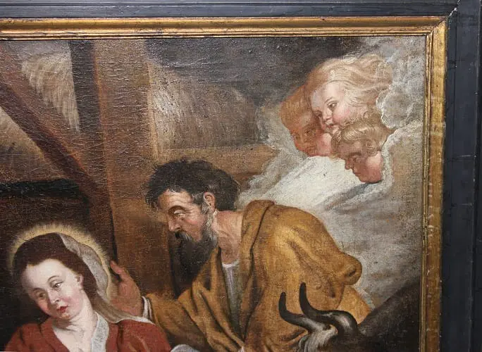 Olio su tela di inizio 1700 Raffigurante Adorazione del Bambin Gesù con Pastori e Donne Scuola Fiamminga - immagine 5