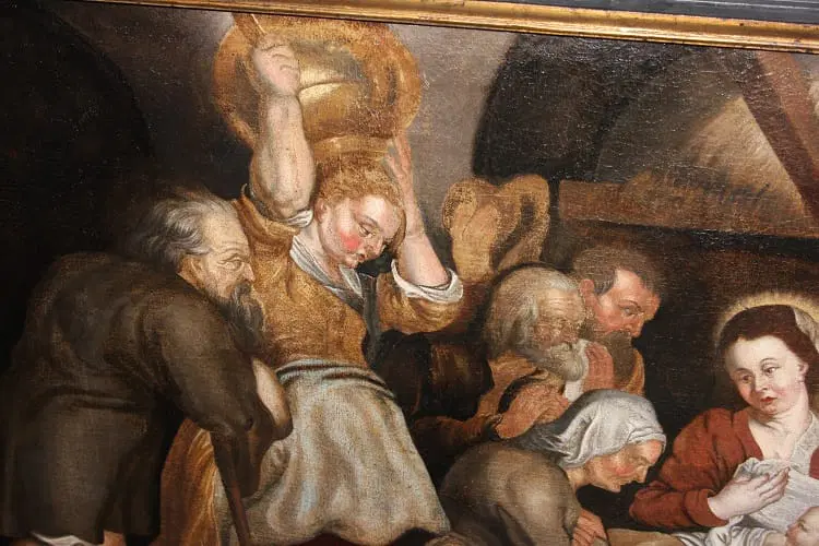 Olio su tela di inizio 1700 Raffigurante Adorazione del Bambin Gesù con Pastori e Donne Scuola Fiamminga - immagine 6