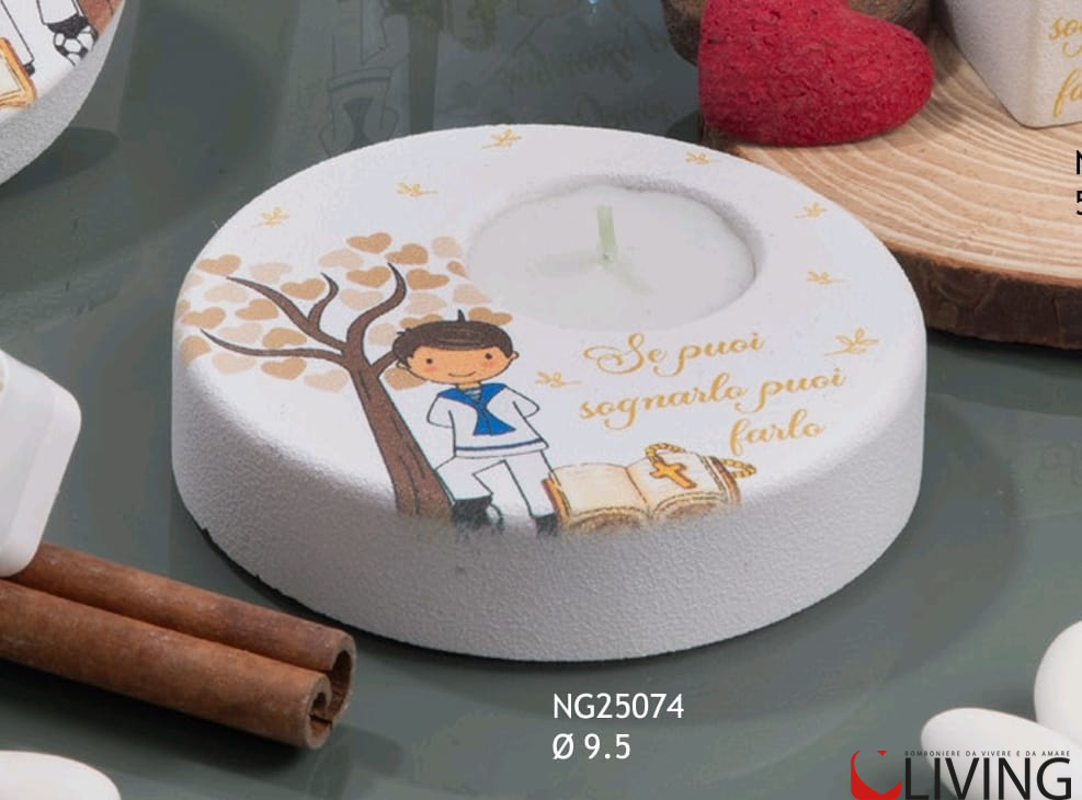 Bomboniera portacandele albero con bimbo comunione in polvere i marmo di Carrara